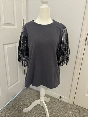 Peach Love California Black Tee with Sequin Fringe Sleeves